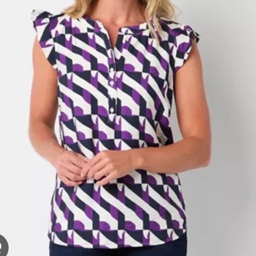 Liz Claiborne XL Purple Geometric Cap Sleeve Henley Blouse Top